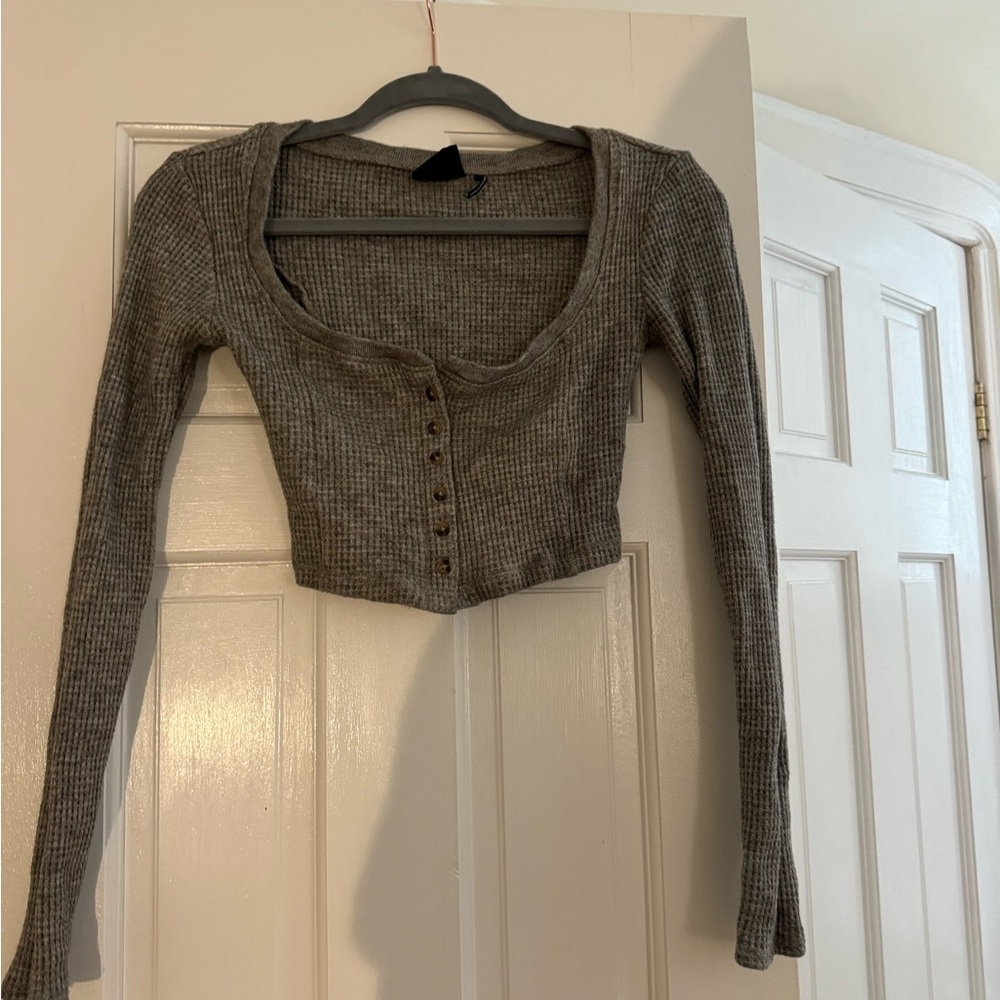 Gray Ribbed Button-Up Women's Top
